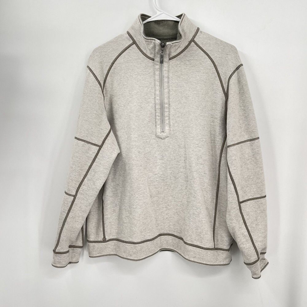 Tommy Bahama Large Reversible Quarter Zip‎ Pullover Mens Olive Green Oatmeal